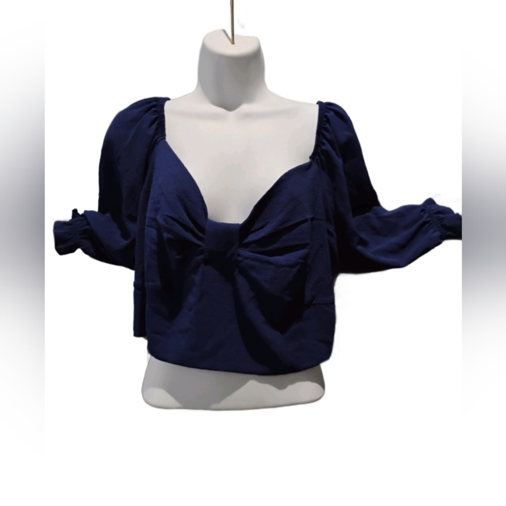 BCBG Paris Blue Gathered Back Puff Sleeve Bow Front Crop Top - Picture 8 of 12
